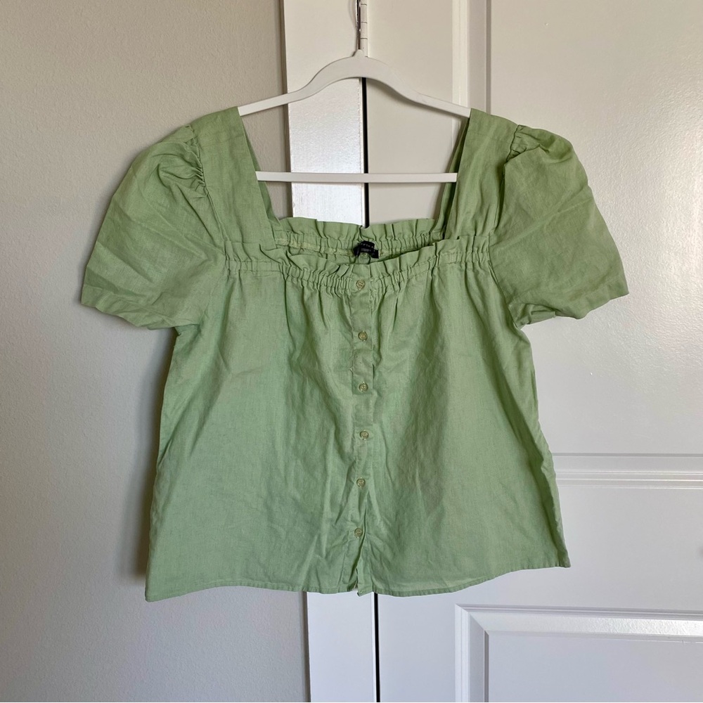 Saks Fifth Avenue Linen/Cotton Blend Square Neck Ruffle Trim Prep Button Down